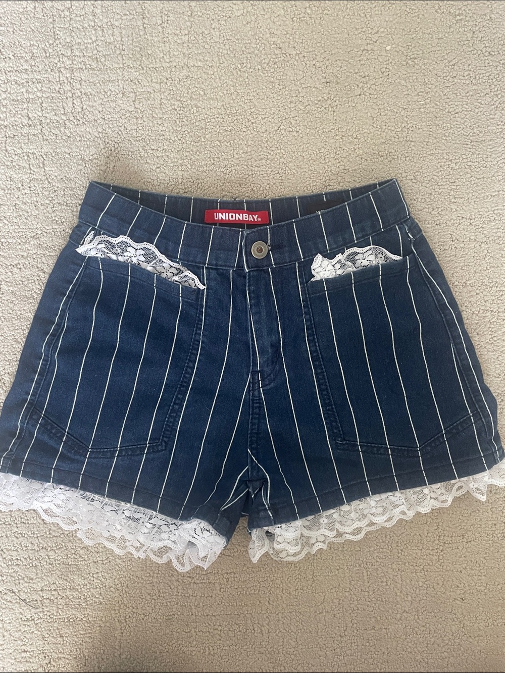 UNIONBAY Navy Pinstripe Denim Shorts with White Lace Trim